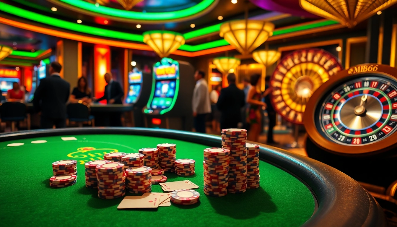 Engaging scene of dynamic casino betting with MB66 brand elements, featuring poker chips and roulette wheel.