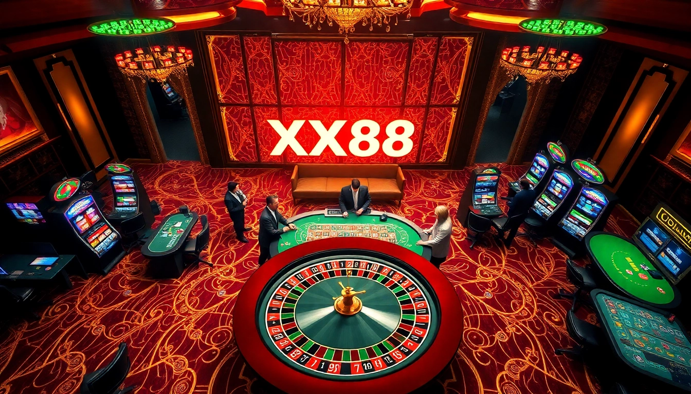 Players enjoying an exhilarating moment at XX88 casino with vibrant tables and slot machines.