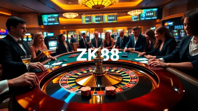 ZK88 casino scene depicting vibrant gaming action with roulette, poker chips, and luxurious atmosphere.