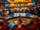 ZK88 casino scene depicting vibrant gaming action with roulette, poker chips, and luxurious atmosphere.