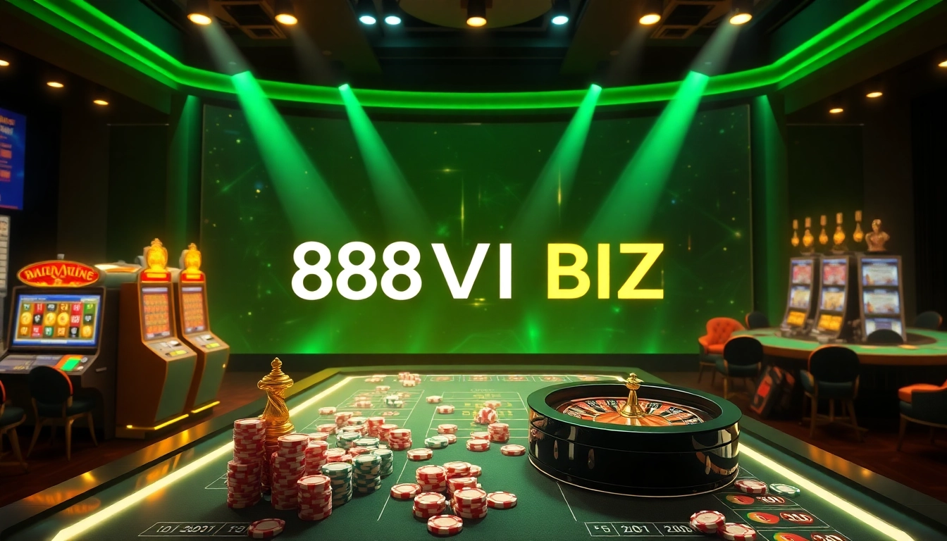Engaging online gaming experience at 888VI BIZ with dynamic slot machines and poker chips.