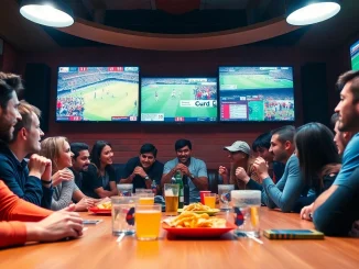 Live football streaming scene with passionate fans at joemadfan.com watching matches in a vibrant atmosphere.