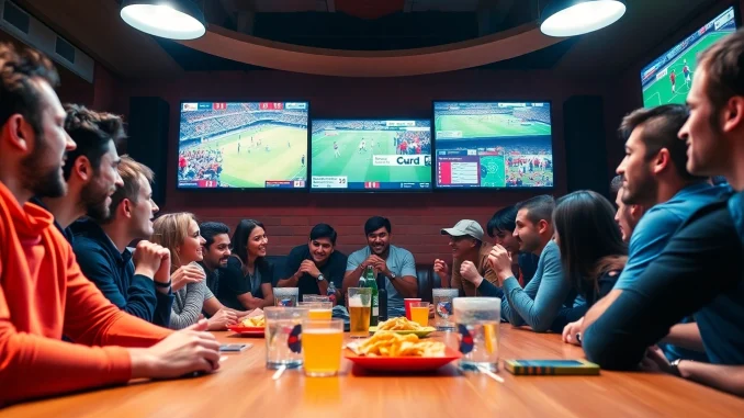 Live football streaming scene with passionate fans at joemadfan.com watching matches in a vibrant atmosphere.