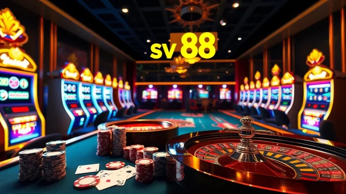 Engaging casino scene showcasing sv 88 gaming excitement with poker chips and roulette wheels.