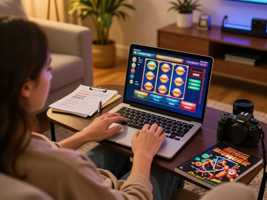 CO88 user engaging in online casino gaming with laptop, betting on colorful slots from home.
