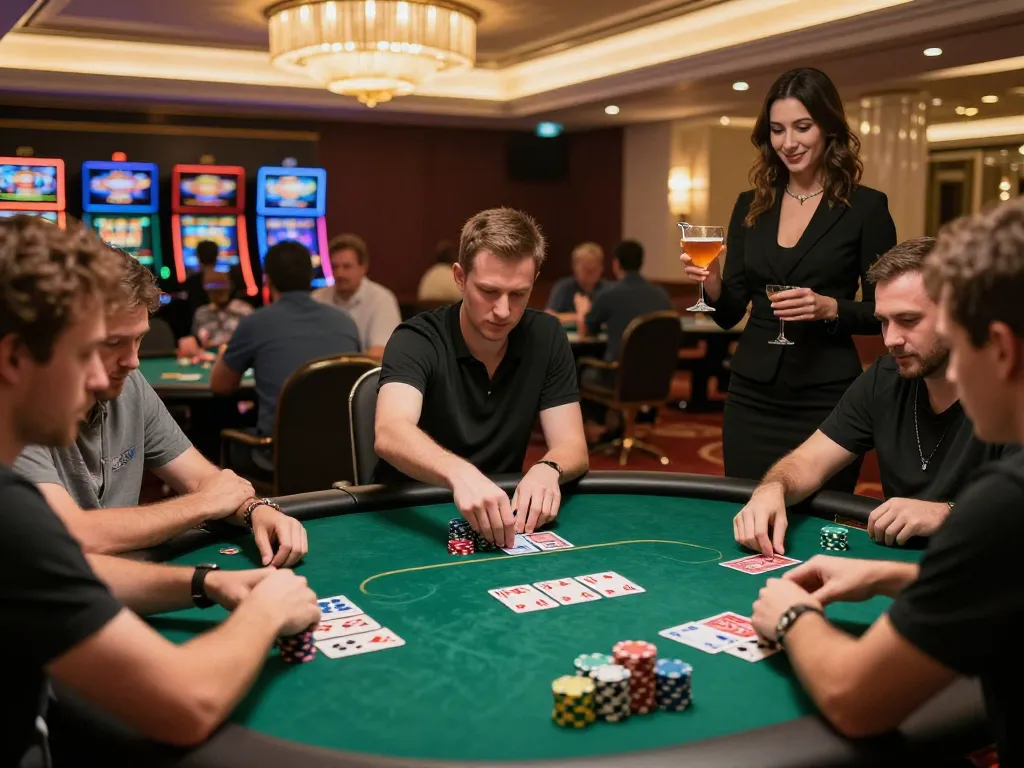 Hbet players engaging in an intense poker game with chips and cards, in a sophisticated casino setting