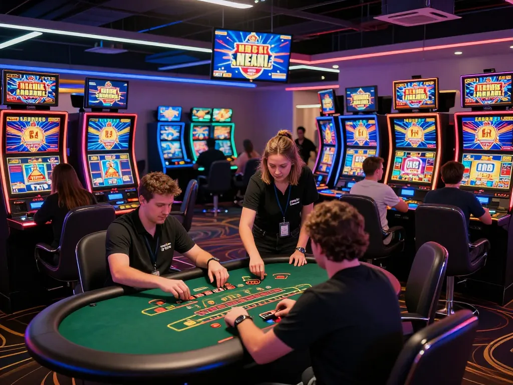 Engaging gaming scene at tk88 casino showcasing vibrant slot machines and live dealer tables.