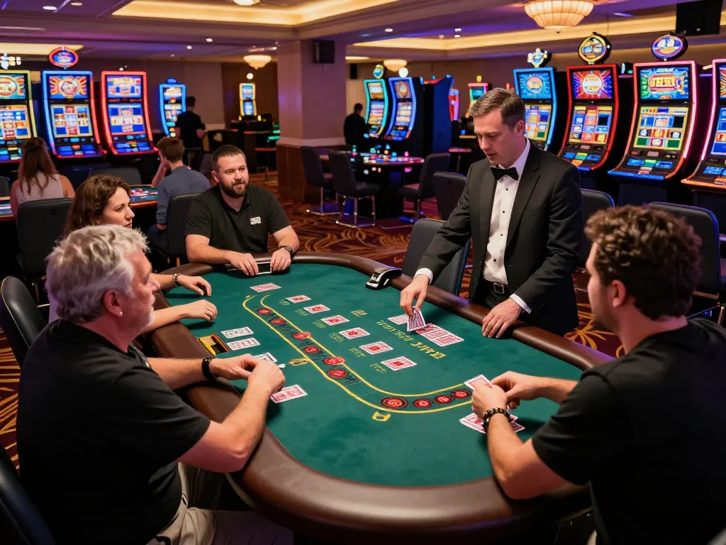 Players at TR88 blackjack table showing excitement as cards are dealt in a luxurious casino environment