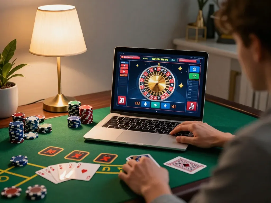 Player enjoying a live SHBET casino game at home with vibrant gaming elements.