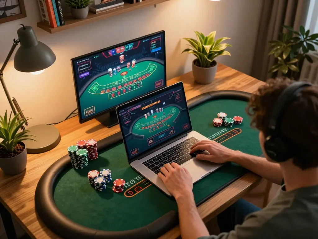 Experience seamless online gaming at https://mm88.london/ with an engaging live dealer blackjack game setup showcasing a player immersed in gameplay.