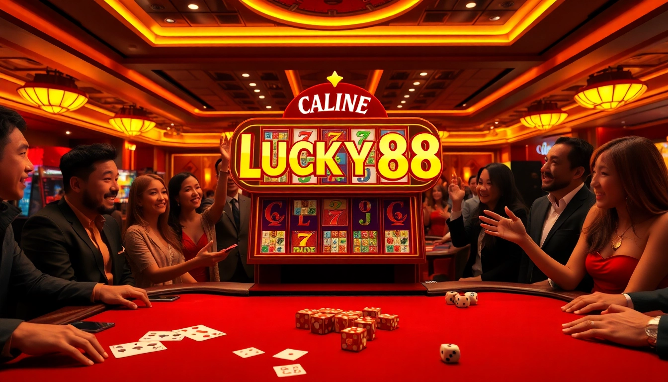 Players enjoying the exhilarating LUCKY88 slot machine experience in a vibrant casino.