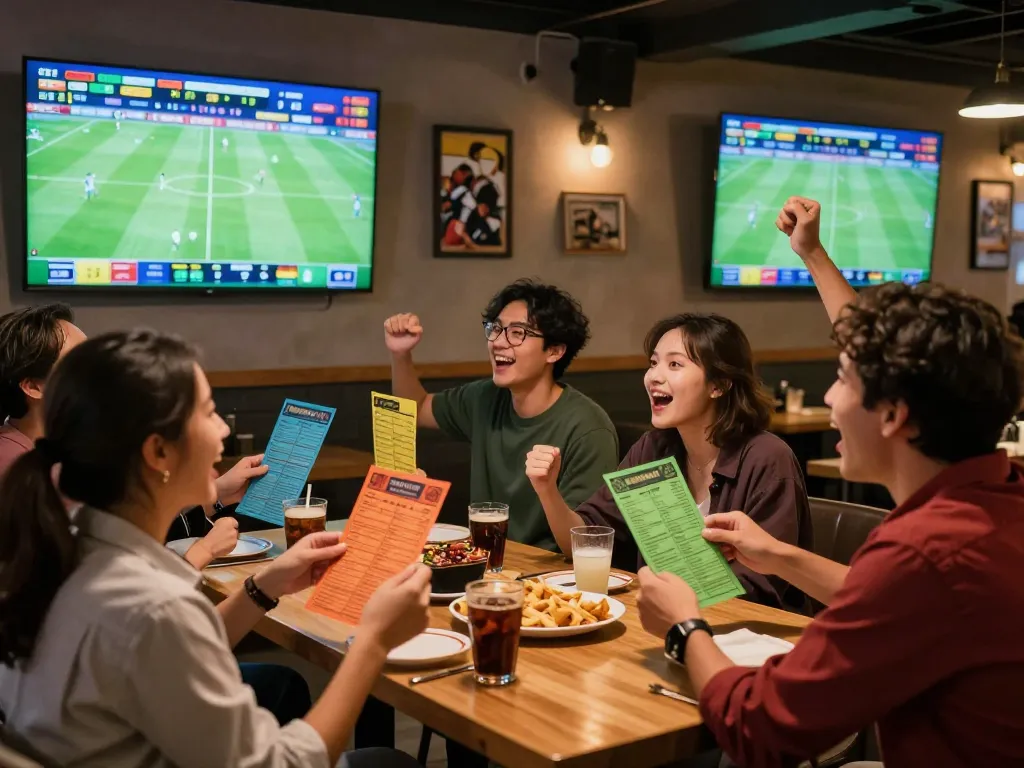Friends cheering in a sports café while checking tỷ lệ kèo nhà cái hôm nay with drinks and food.