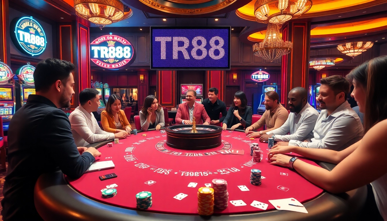 Players enjoying an exciting game at TR88 poker table amidst colorful slot machines.