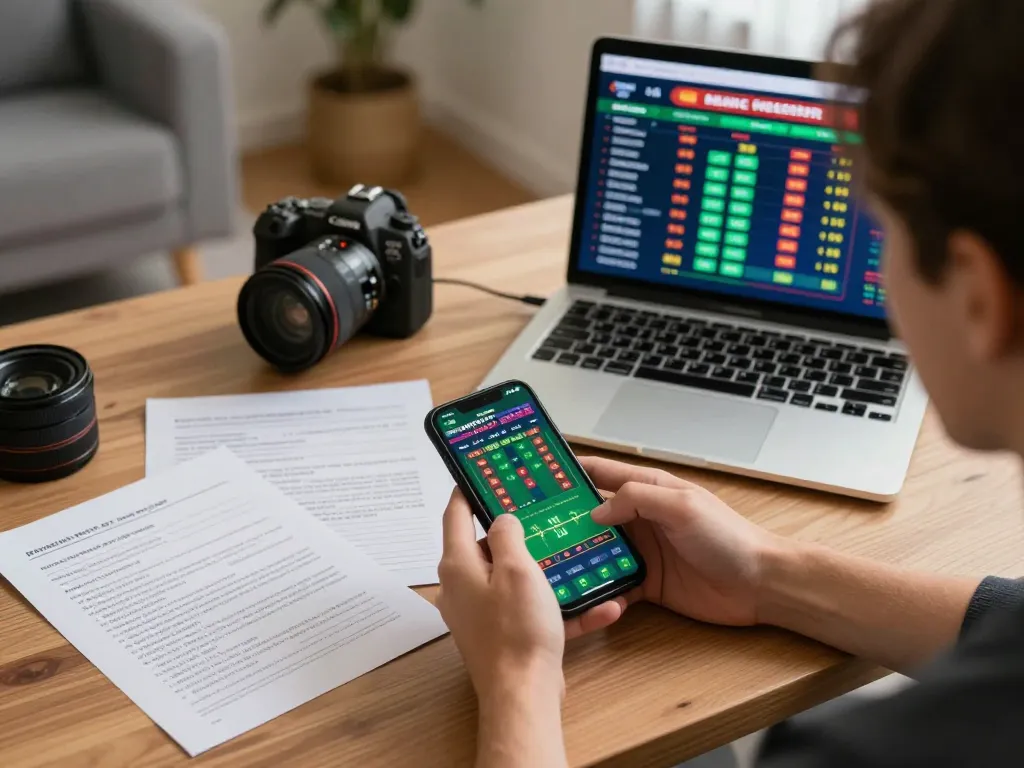 Engaging in fun 88 sports betting with a smartphone at a stylish home office setup.