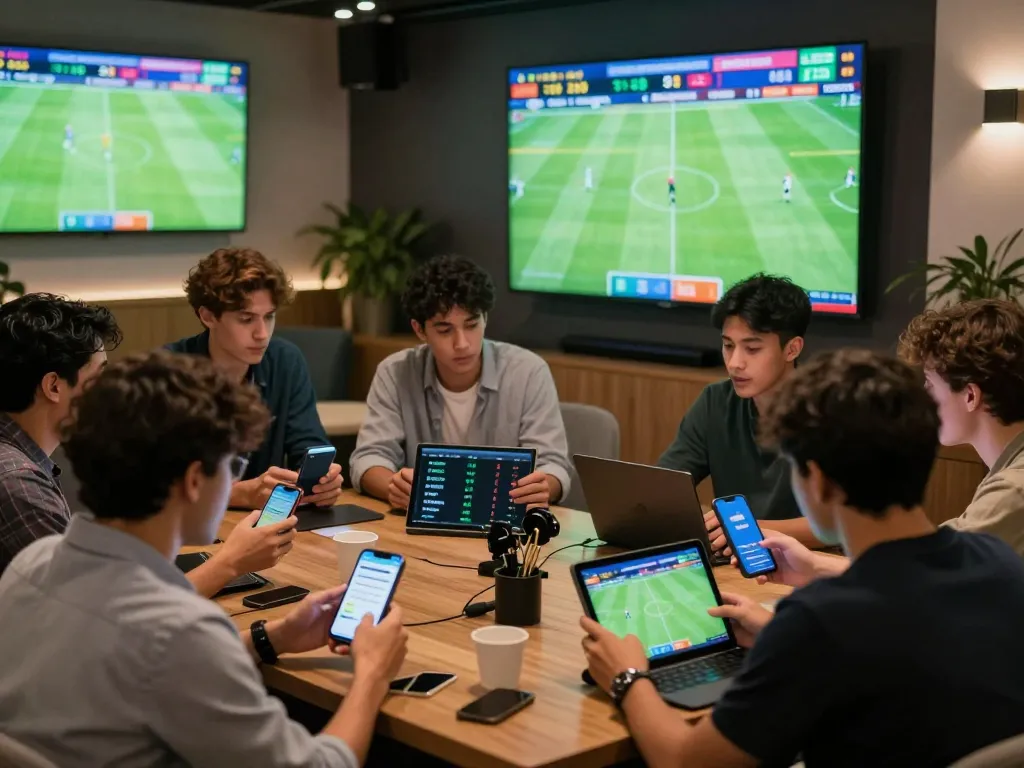 Engaged bettors at Nowgoal analyzing live soccer scores and odds in a dynamic online betting environment.