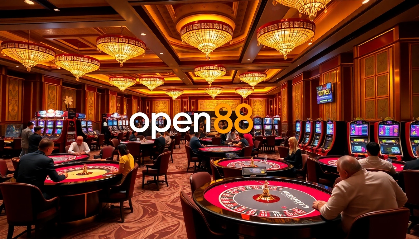 open88 players enjoying thrilling casino action at vibrant tables with roulette and poker games.