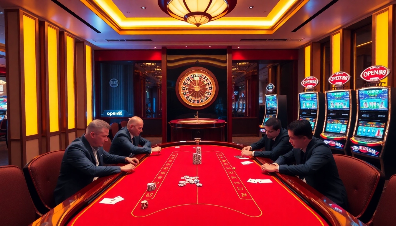 Experience the excitement at open88 with players enjoying table games and slot machines.