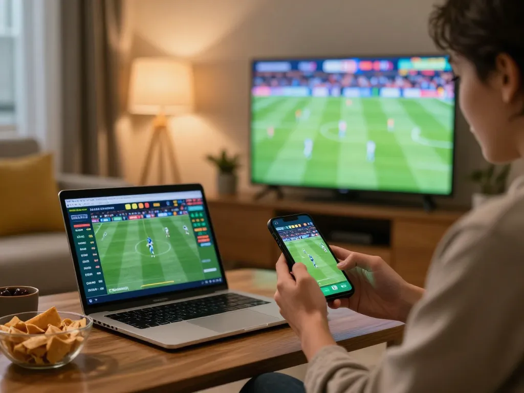 SHBET user placing live sports bets on smartphone during an exciting football match.