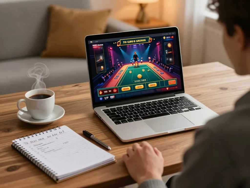 Engaging gameplay at bl555 casino featuring a live dealer game on a laptop in a cozy home setting.