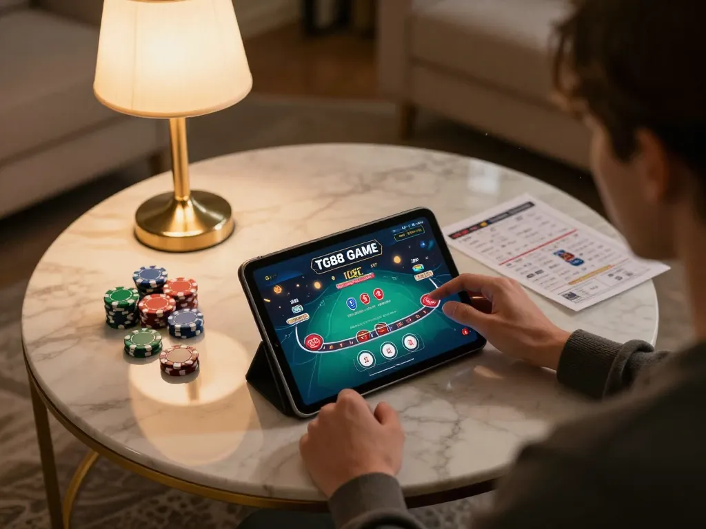 Engage in the TG88 GAME while using a tablet for online casino gameplay in a luxurious home setting.