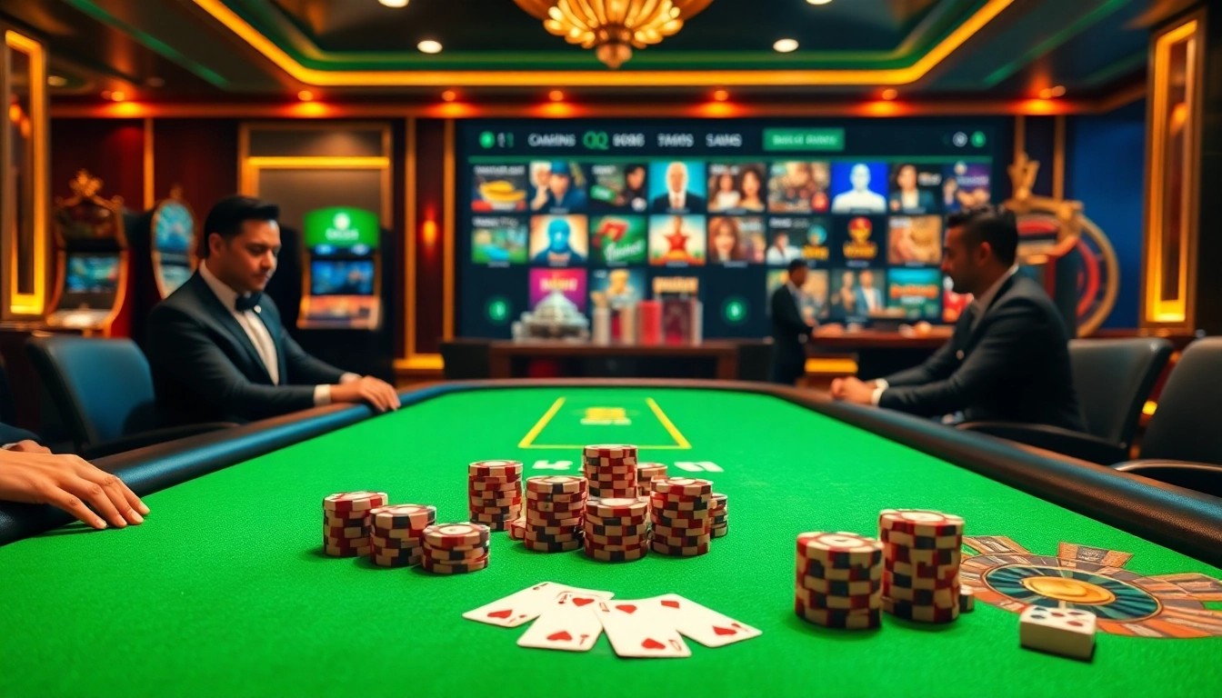 Enjoying games on Trang Chủ QQ88 with vibrant poker and casino elements in a luxurious setting.