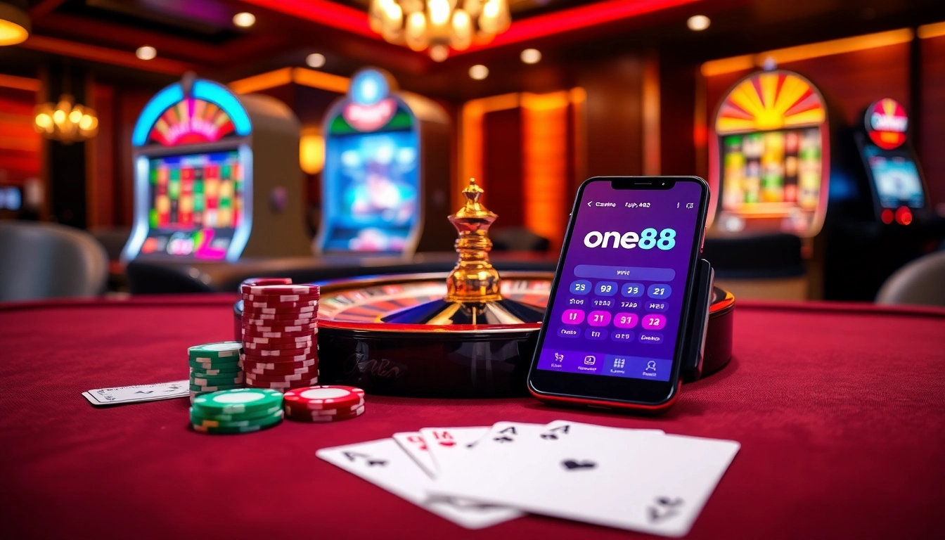 Play and win using the one88 app amidst vibrant casino excitement with roulette and poker chips.