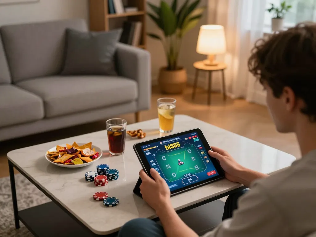 Engaging with the trang chủ bl555 online poker interface at home, showcasing casual yet strategic gaming atmosphere