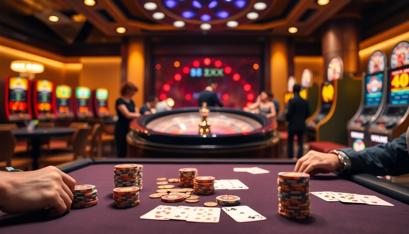 Experience high-stakes gaming at 8XX casino with vibrant tables, roulette wheel, and stacked chips.