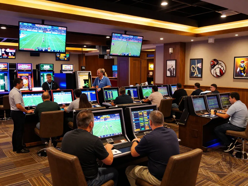 Engaging sports betting lounge scene showcasing patrons placing bets at the hit club