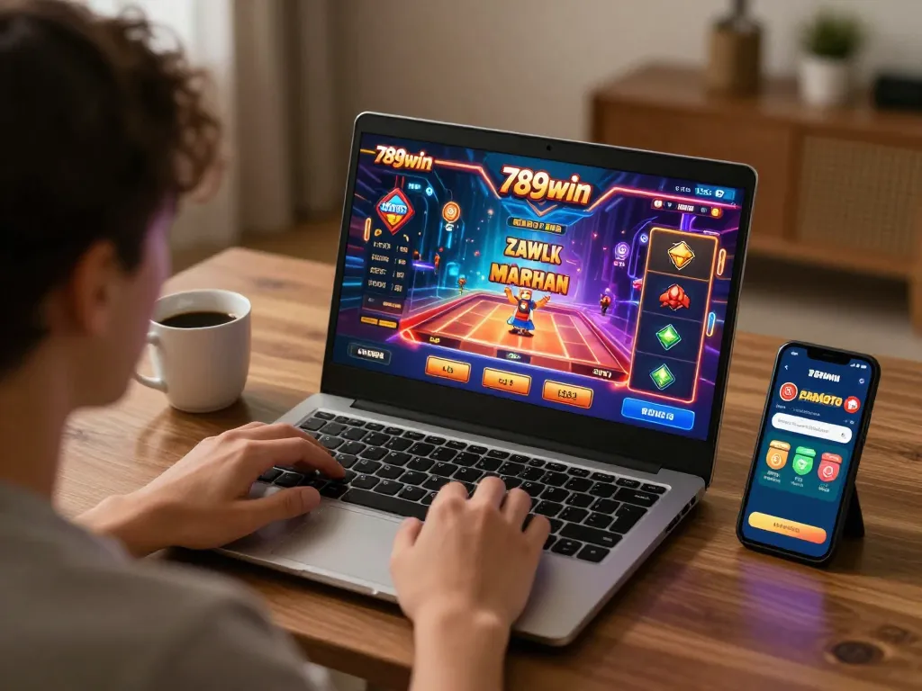 Playing the 789win game on a laptop amid cozy home setup with a smartphone for betting.