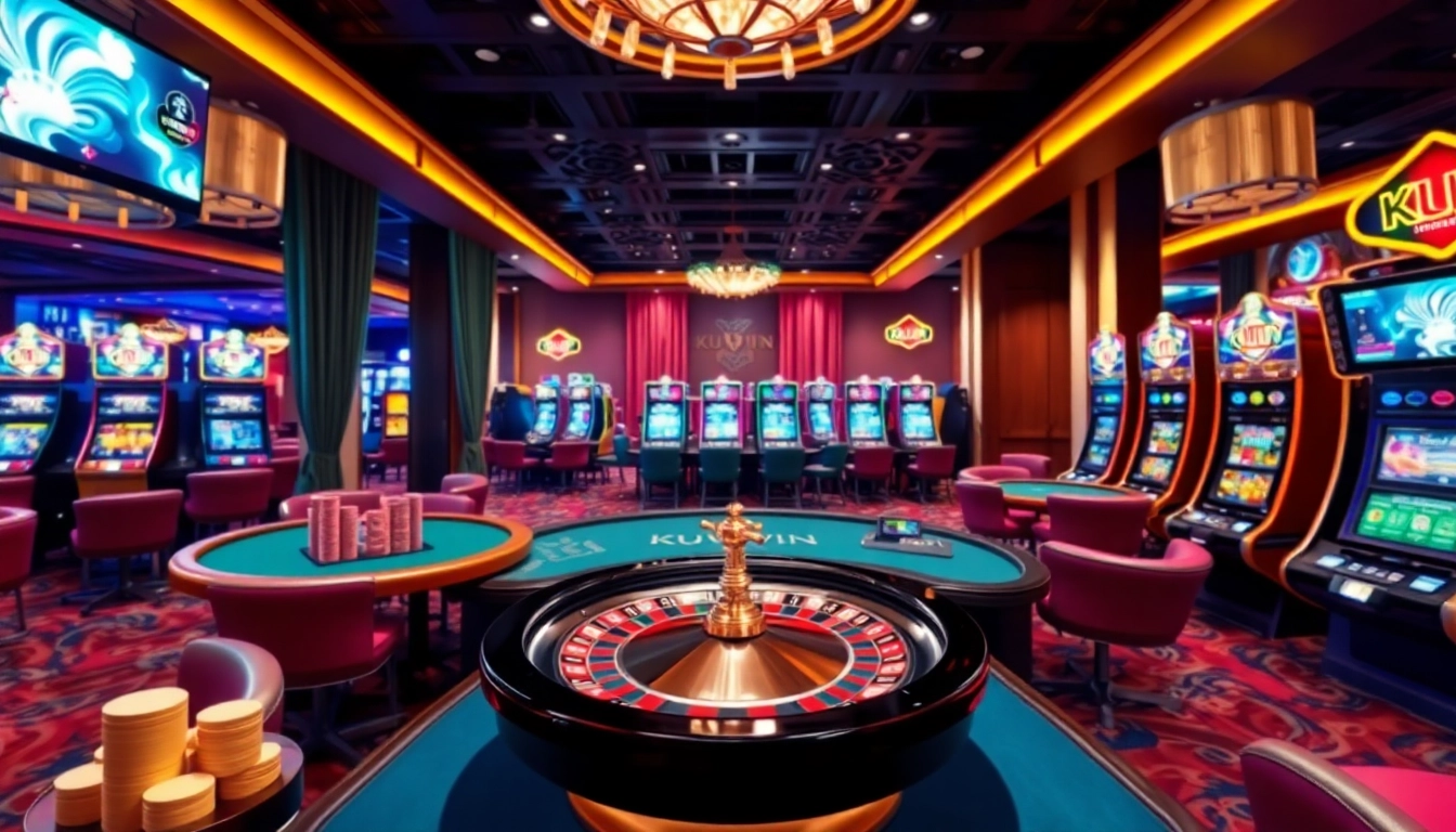 Players enjoying immersive KUWIN gaming experiences at vibrant casino tables with roulette and poker.