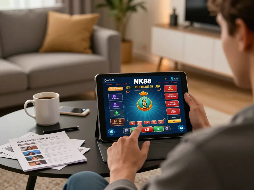 Player engaging with NK88 app on a tablet, showcasing immersive online casino experience