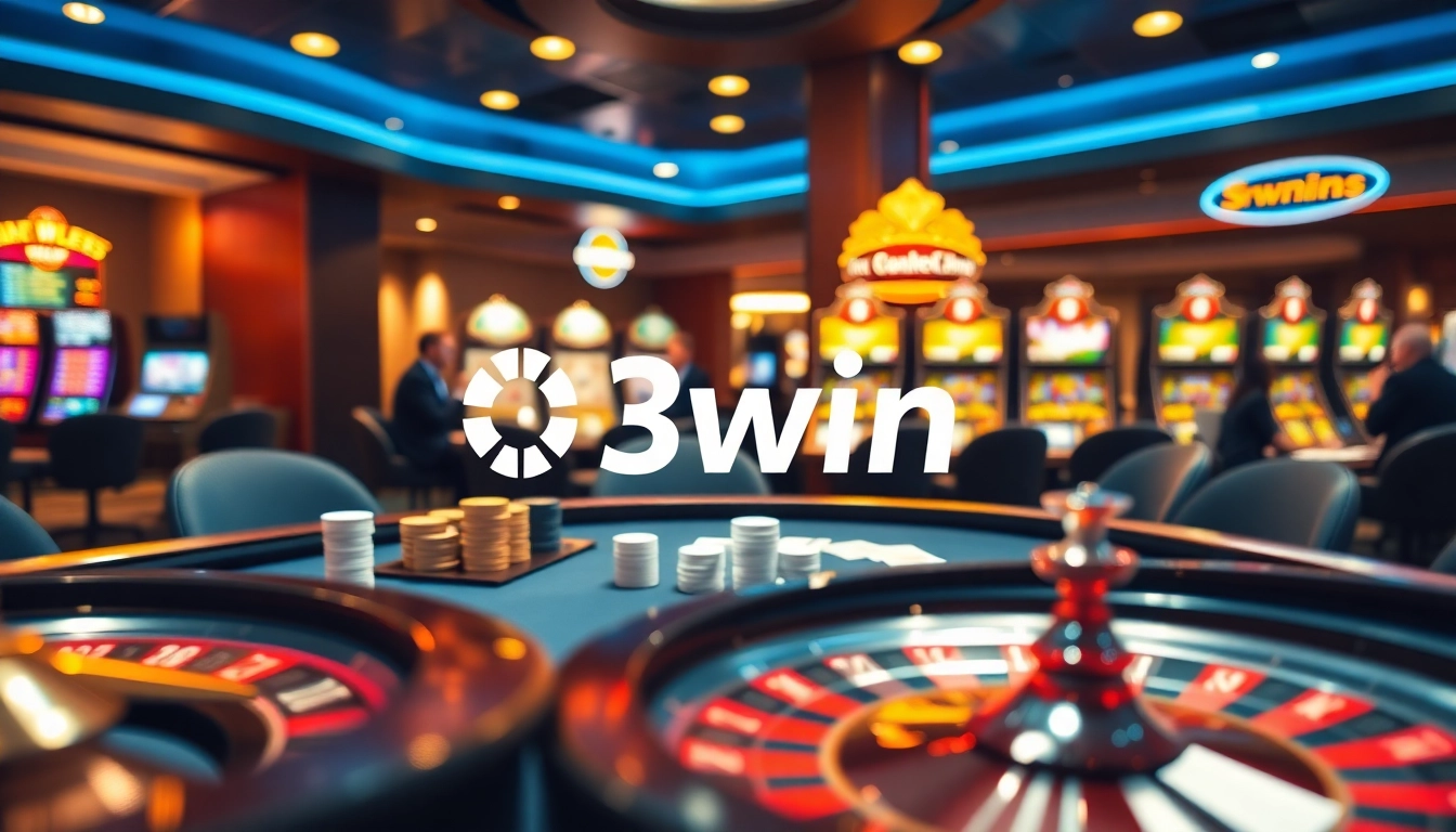 Experience an engaging scene at 3win casino with poker chips and cards on a luxurious table.
