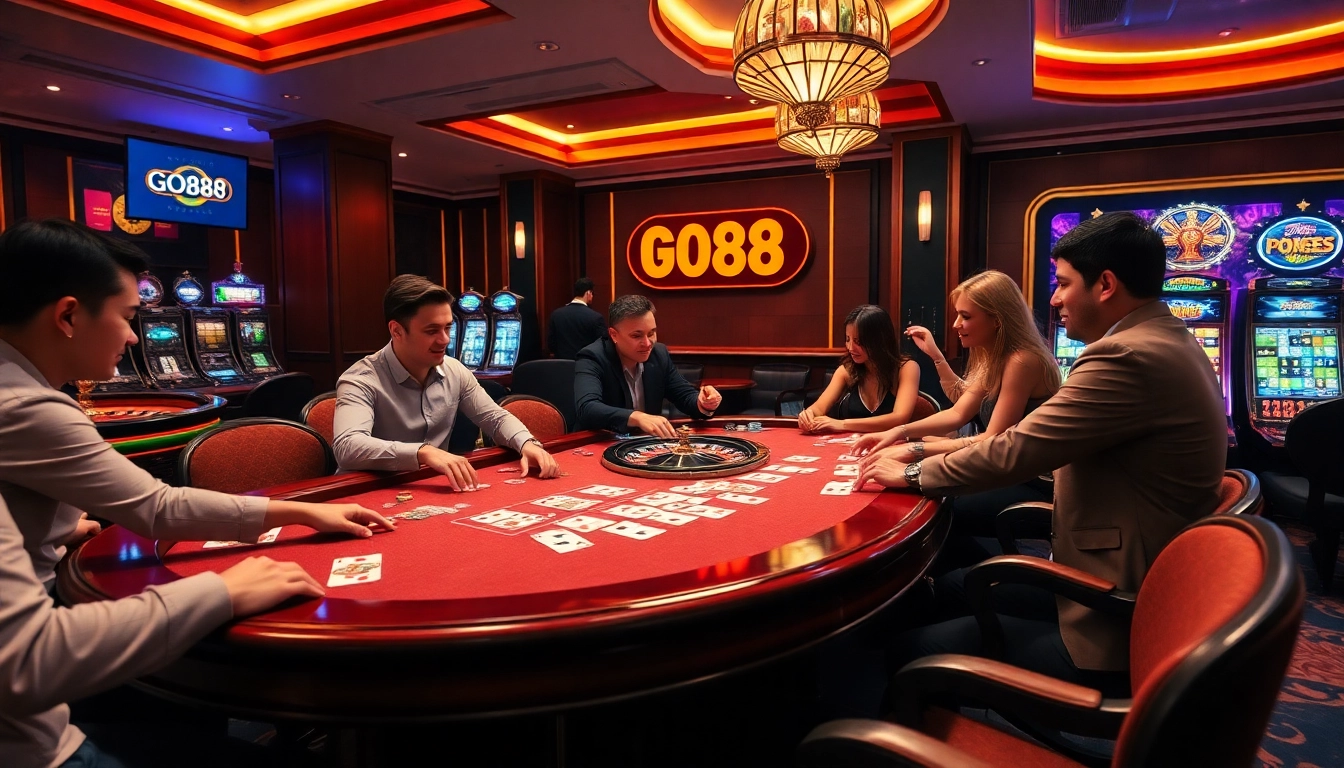 Players enjoying a thrilling experience at GO88 casino, engaging with high-stakes games and vibrant atmosphere.