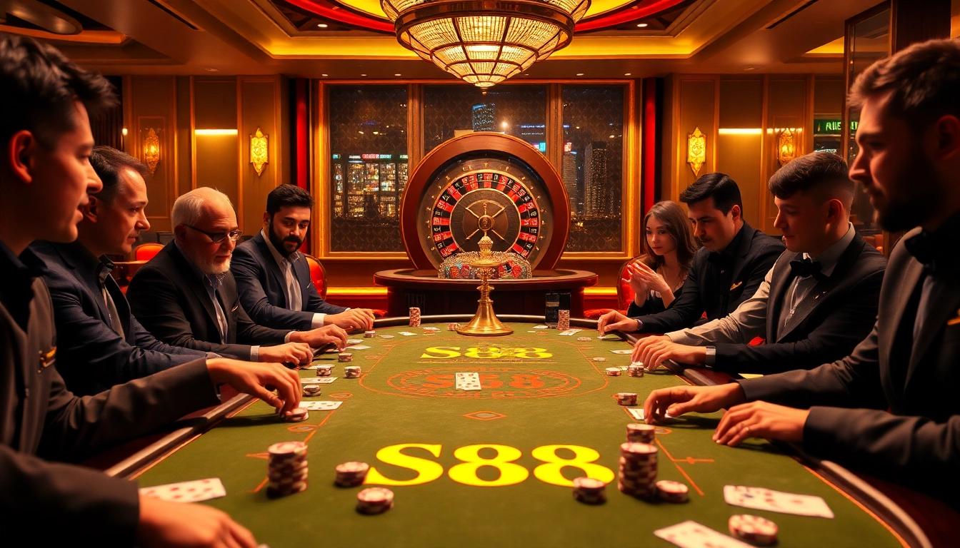 Experience the thrill of sc88 with vibrant casino gaming scenes featuring poker, roulette, and excited players.