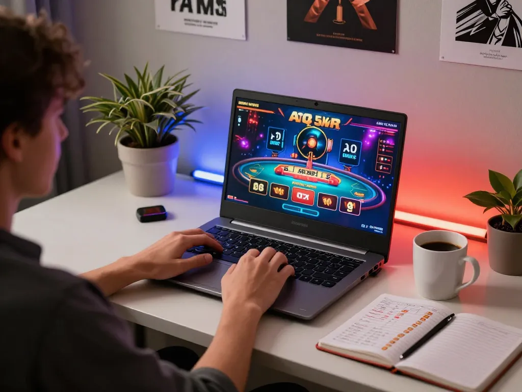 Engaging in online gaming with ATQ 58win on a laptop, showcasing a live dealer casino experience.
