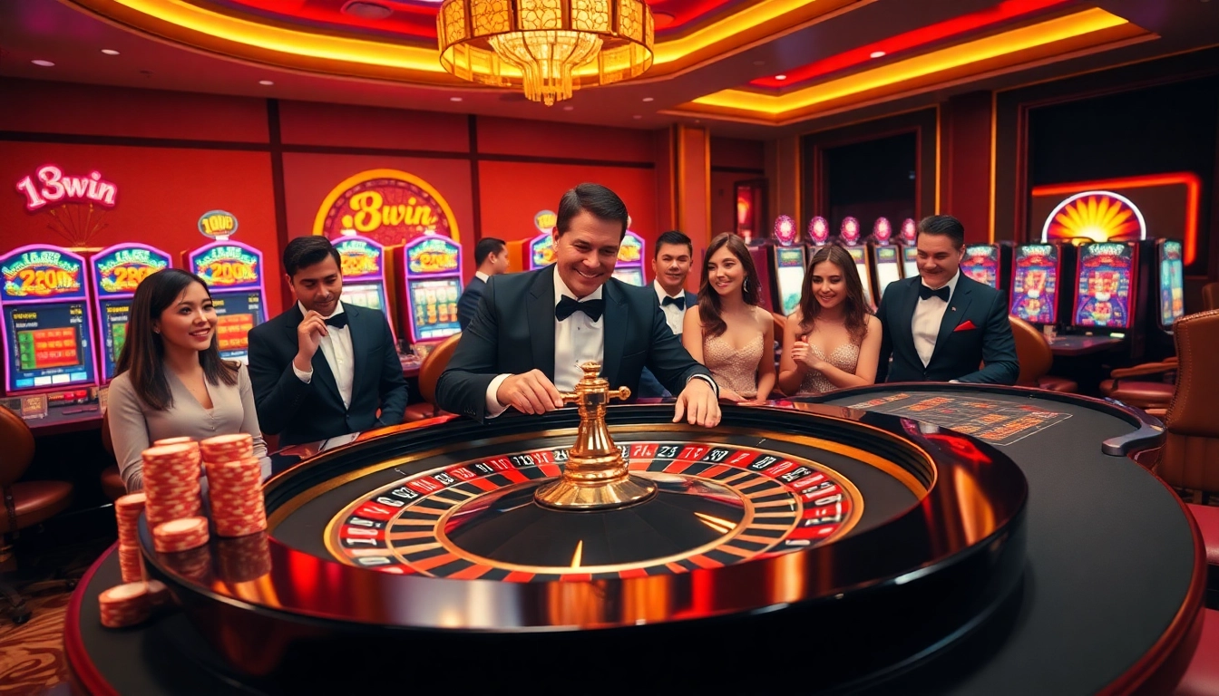 Engaged players enjoying roulette at 13win casino, showcasing excitement and luxury.