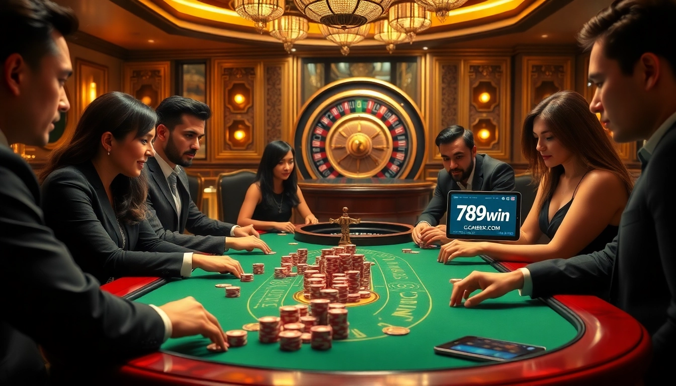 Experience the thrilling action at 789win.com with a luxurious poker table and casino ambiance.