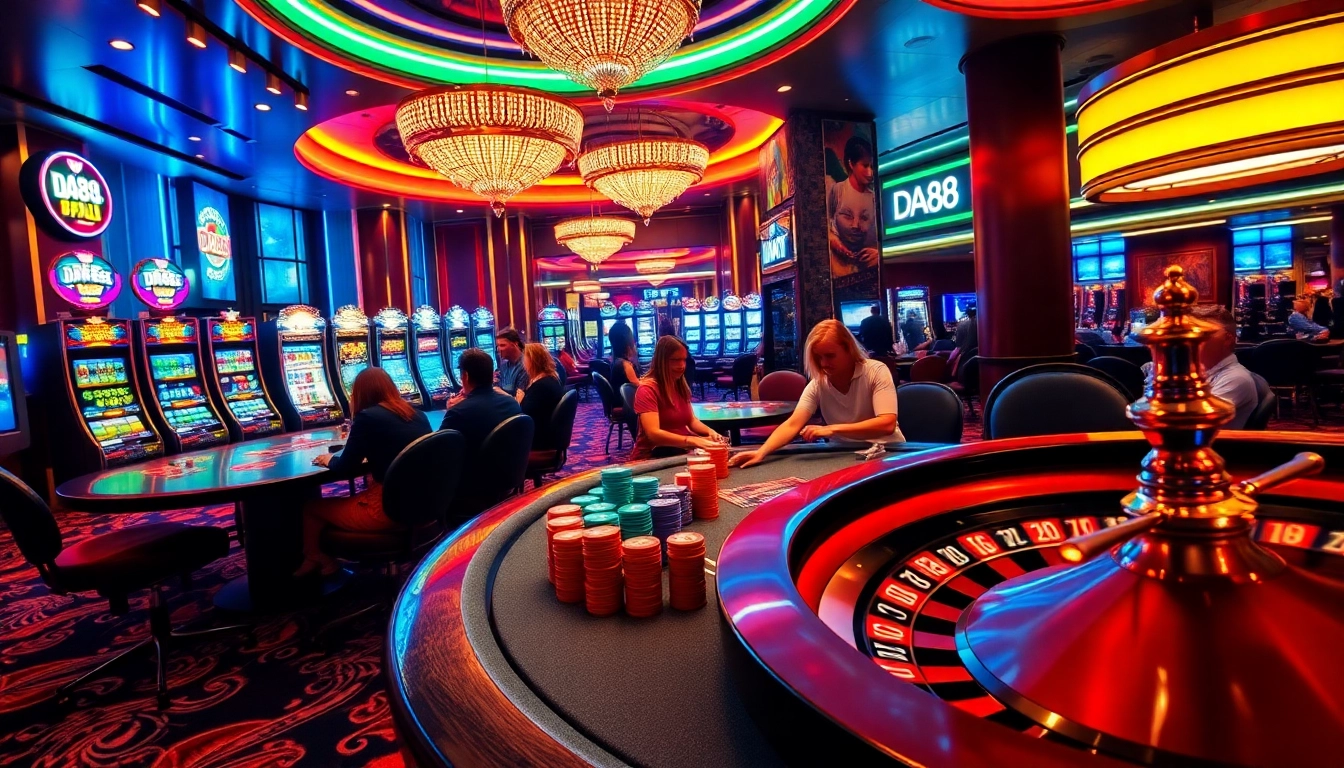 Engaged gamblers at a high-stakes poker table in a luxurious casino setting with DA88 elements.