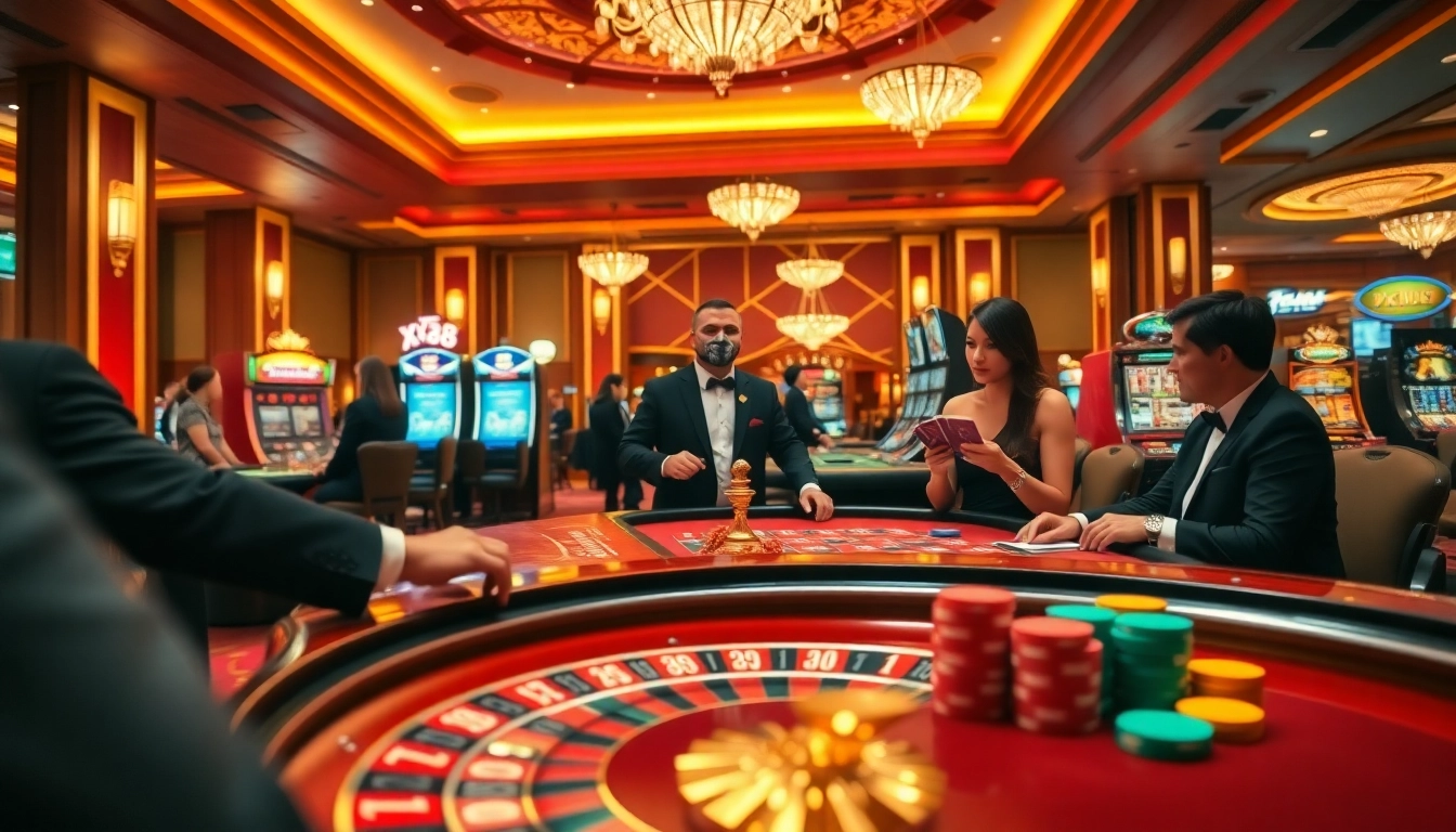 Engaging players at XX88 Casino table, showcasing strategic gameplay with poker chips and cards.