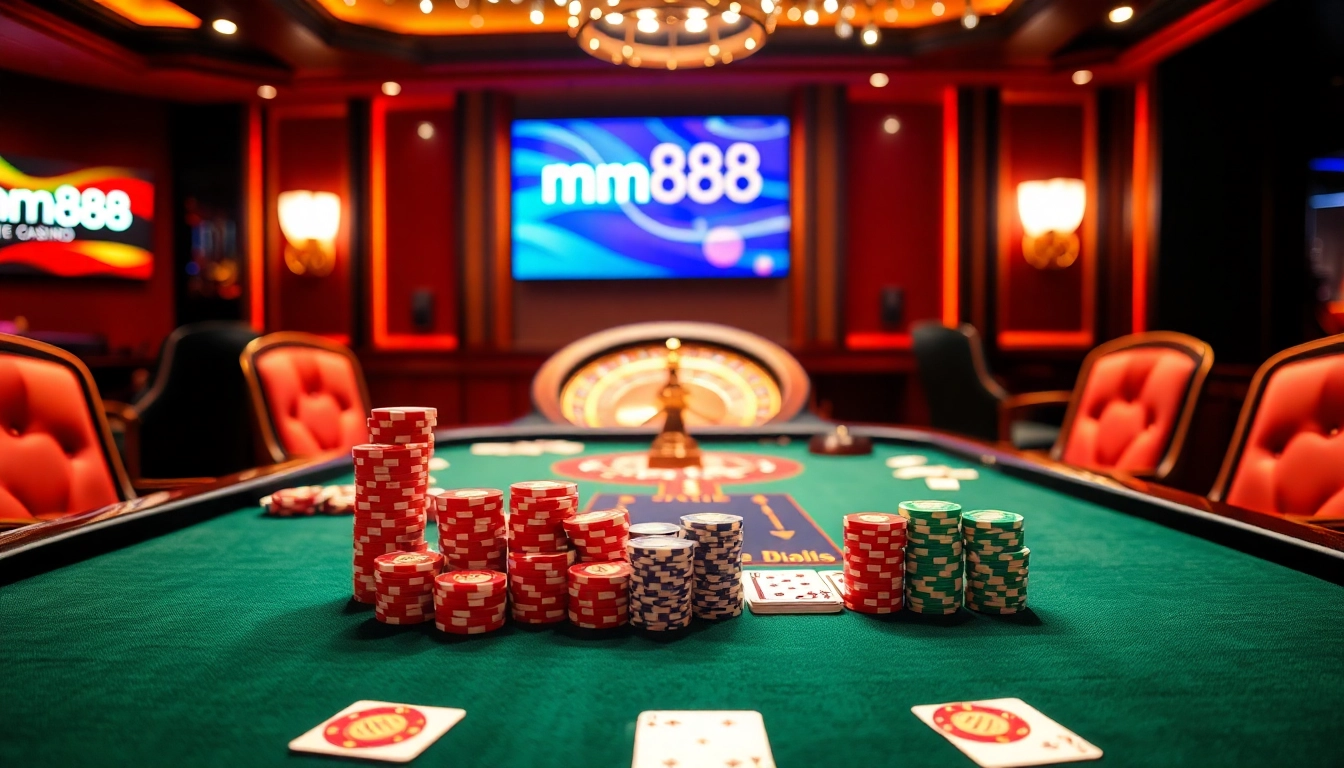 Exciting casino scene featuring mm888 with poker chips, cards, and roulette wheel.