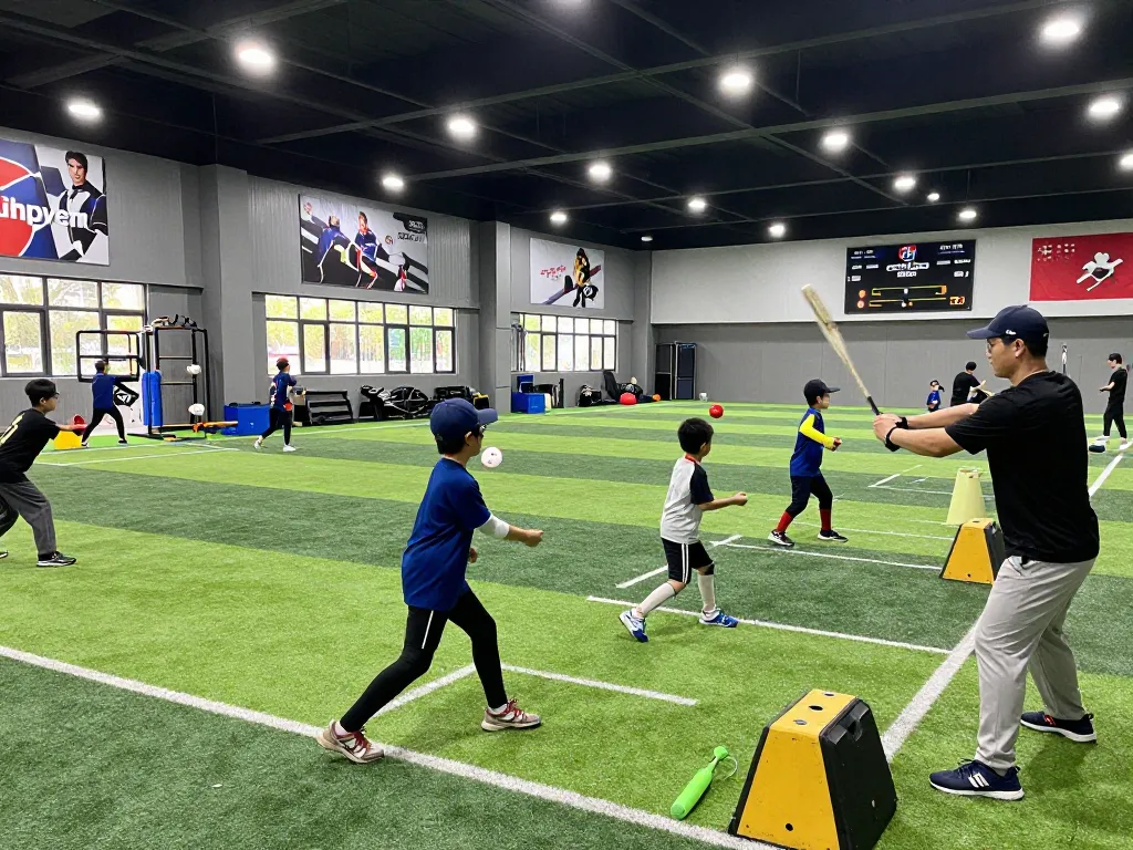 Young athletes training in the hit club baseball facility, practicing skills and teamwork.