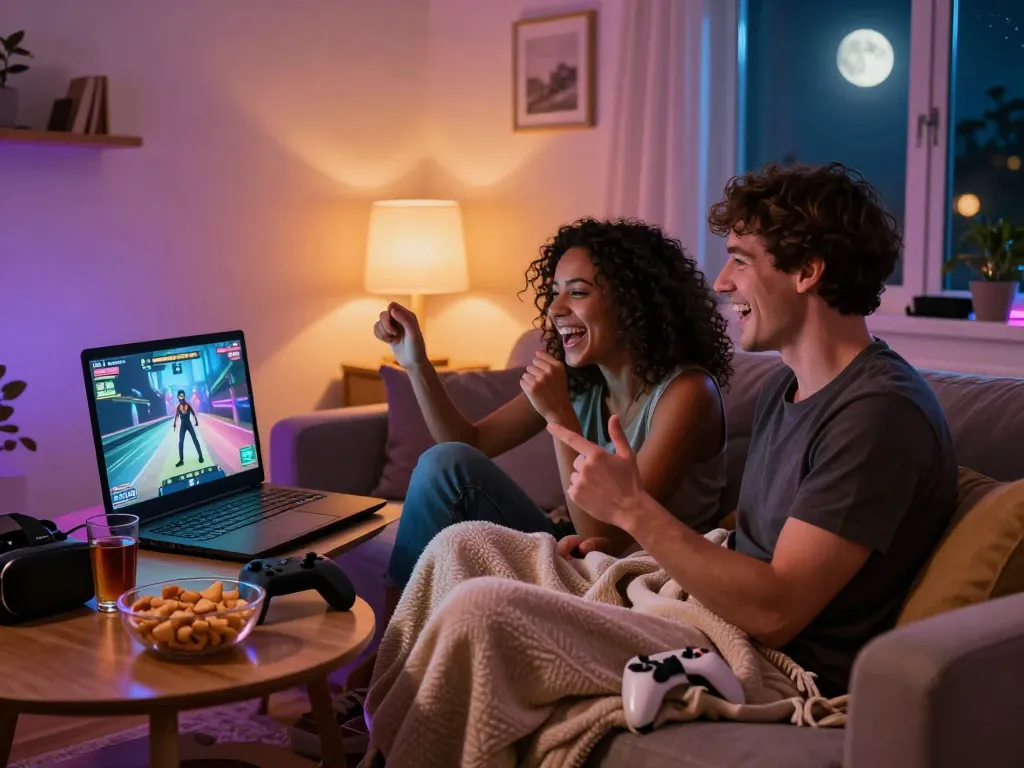 Couple enjoying a sex game on a laptop in a cozy gaming setup