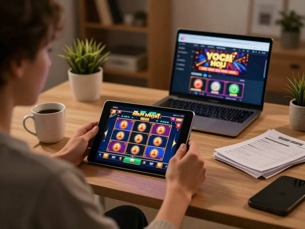 Situs slot mobile gaming experience with player engaged at home, showcasing strategy and excitement.