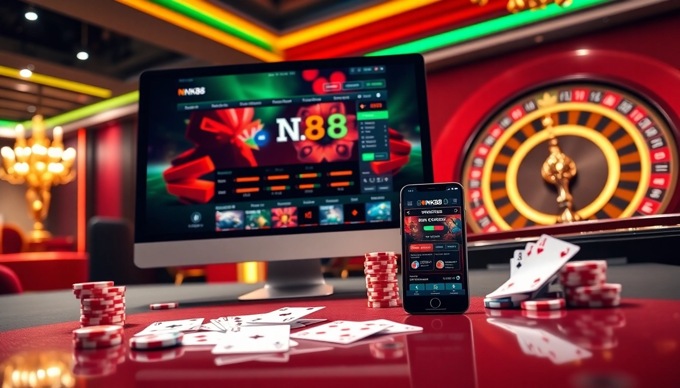 Experience the thrill of NK88 online gambling with vibrant casino visuals showcasing action-packed gameplay.
