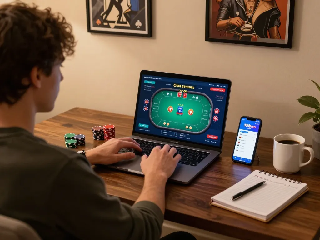 Engaged player strategizing on 789win. com during an online poker session.