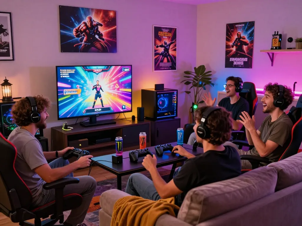 Exciting group of players enjoying porn games in a vibrant gaming room environment.