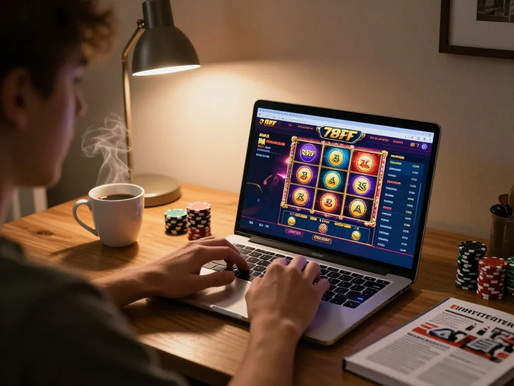 Person engaging with the 789F online casino, analyzing strategies on a laptop with poker chips visible.