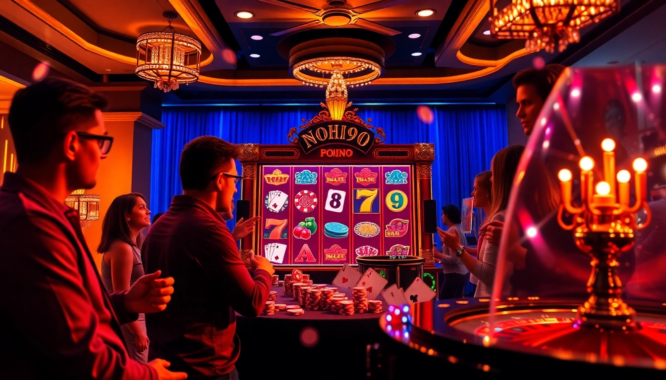 Nohu90 players enjoying a thrilling online casino game highlighted by vibrant slot machines and poker chips.