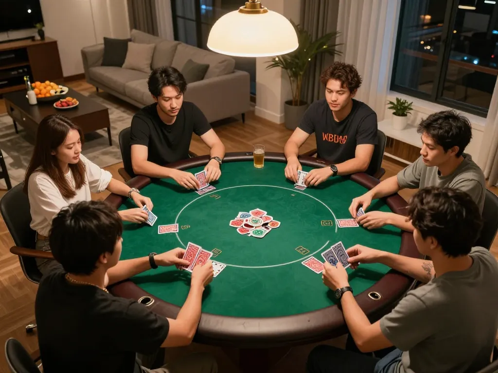Friends enjoying a poker night at home, enhancing nhandinhkeonhacai strategies through social gameplay.